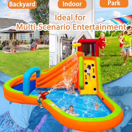 Inflatable Water Slide,6 in 1 Bounce House Outdoor Backyard,Waterslide with Slide,Large Splash Pool,Archway,Sprinkler,Climbing Wall & Water Cannon,480W Blower Included,Backyard Water Park