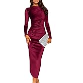 Wenrine Women's Velvet Bodycon Midi Dress Long Sleeve Ruched Elegant Cocktail Party Dresses