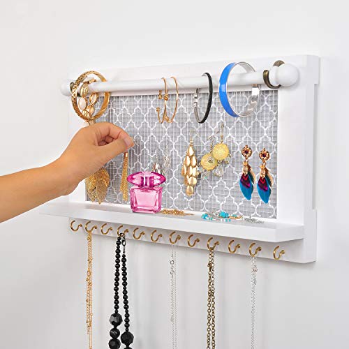 ASHLEYRIVER Wall Mounted White Wood Jewelry Organizer Holder with Hooks