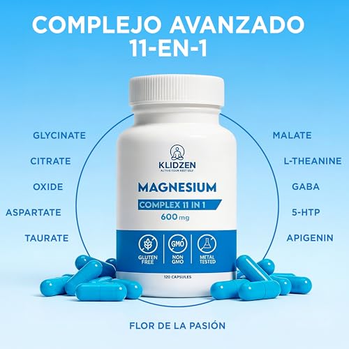 KLIDZEN Magnesio Complex 11 en 1 | 600 mg | Glicinato, L-Teanina 200 mg, GABA, 6 Tipos de Magnesio para Dormir, Estrés y Relajación | 120 Cápsulas
