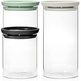 Brabantia 3pc Stackable Glass Food Jars (Mixed Colors) 0.08 + 0.16 + 0.3 Gal Heat-Safe, Dishwasher-Safe, Air-Tight Pantry Organizers