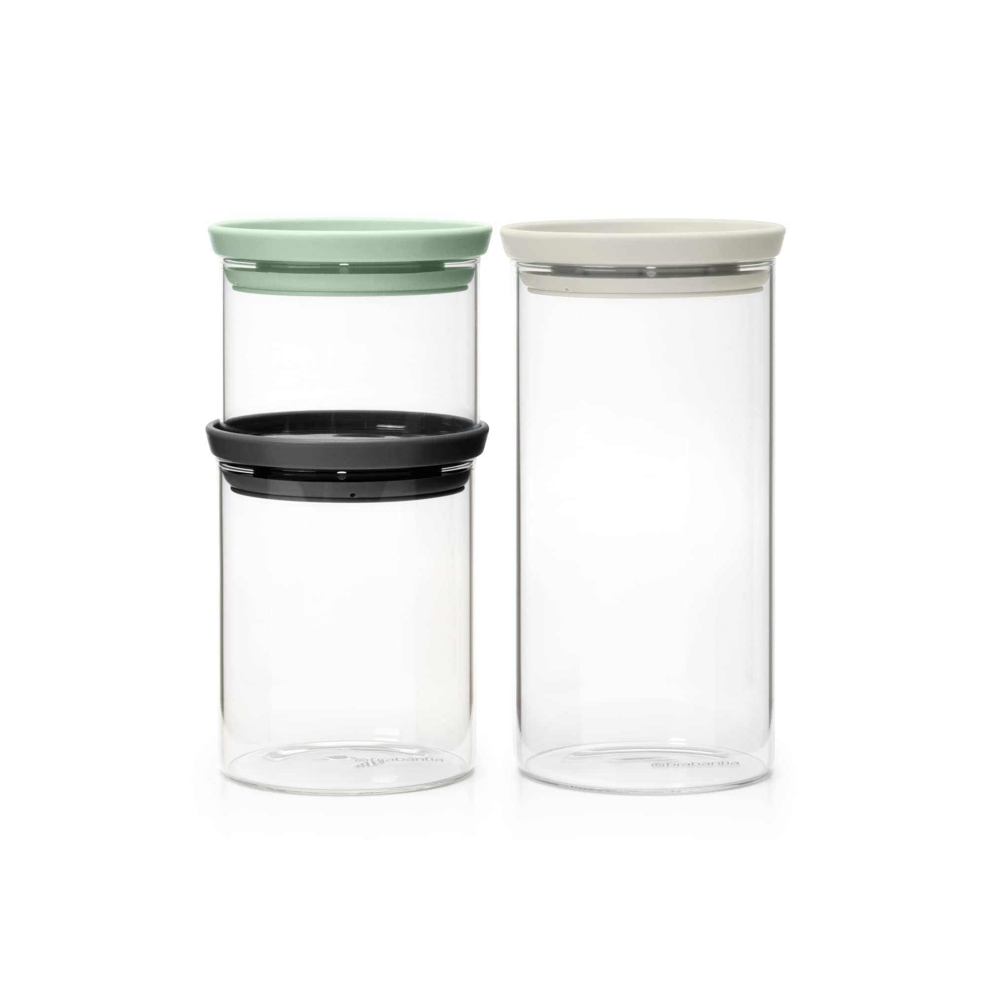 Brabantia - Stackable Glass Jars with Lid - Set of 3 - Kitchen Storage - Space Efficient - Keeps Content Fresh - Silicone Seal - Dishwasher Safe - Dark Grey/Light Grey/Jade Green - 0.3L/0.6L/1.1L