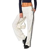 FOMOYUU Women Side Striped Athletic Pants Wide Leg Elastic Waist Baggy Jogger Sweatpants Straight Leg Track Pants Streetwear