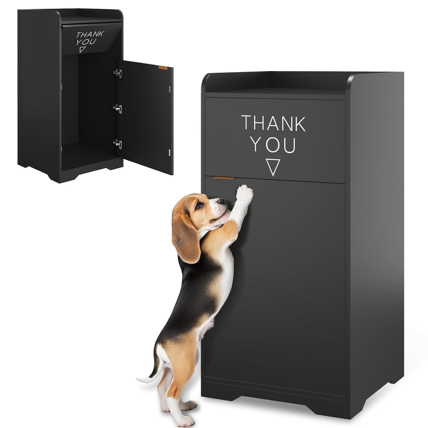 Photo 1 of **DAMAGED CORNERS** Wooden Restaurant Trash Can Cabinet with Tray Holder – 35-Gallon Commercial Indoor Trash Can for Restaurants, Cafes, Kitchens, and Dining Areas – Durable Wooden Garbage Bin with Storage