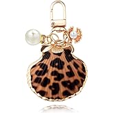 Leopard Print Beach Keychain for Purse Charms for Handbags Leopard Seashell Keychain for Bag Charms for Tote Bags Ocean Key Chains for Backpack Accessories for Women Beach Themed Gifts for Women