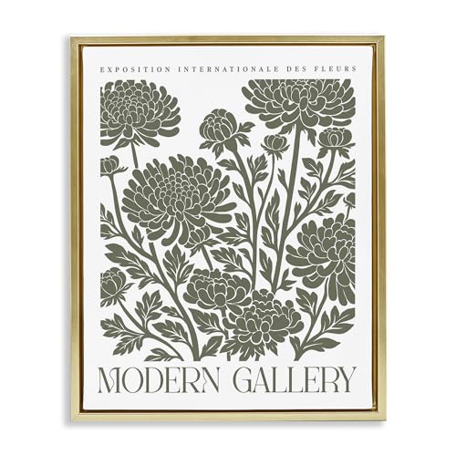 Stupell Industries Moss Green Floral Gallery Gold Framed Floater Canvas Wall Ar…