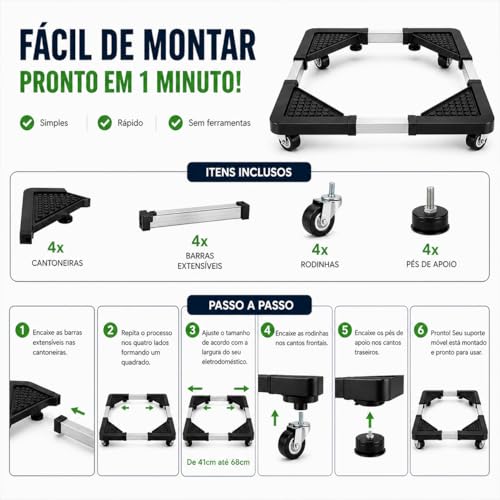 Suporte Movel Ajustavel com Rodinhas para Eletrodomesticos ate 138kg Base Multiuso para Geladeira Fogao Maquina de Lavar Estrutura Reforcada 41 a 68cm