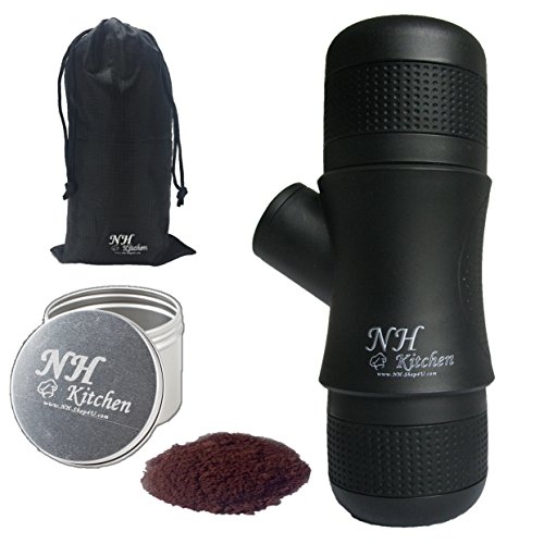 NHKitchen Mini Espresso Maker + BONUS! Portable Black Compact Manual Coffee Maker, Hand