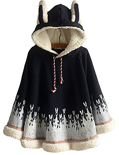 Women Rabbit Print Cape Hood with Bunny ears Harajuku Cloak Fleece Fresh Hoodies Young Girls Students (navy blue)