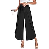 TAOHUADAO Womens Summer Wide Leg Pants with Pockets Side Split High Waisted Palazzo Pants Boho Beach Flowy Trousers