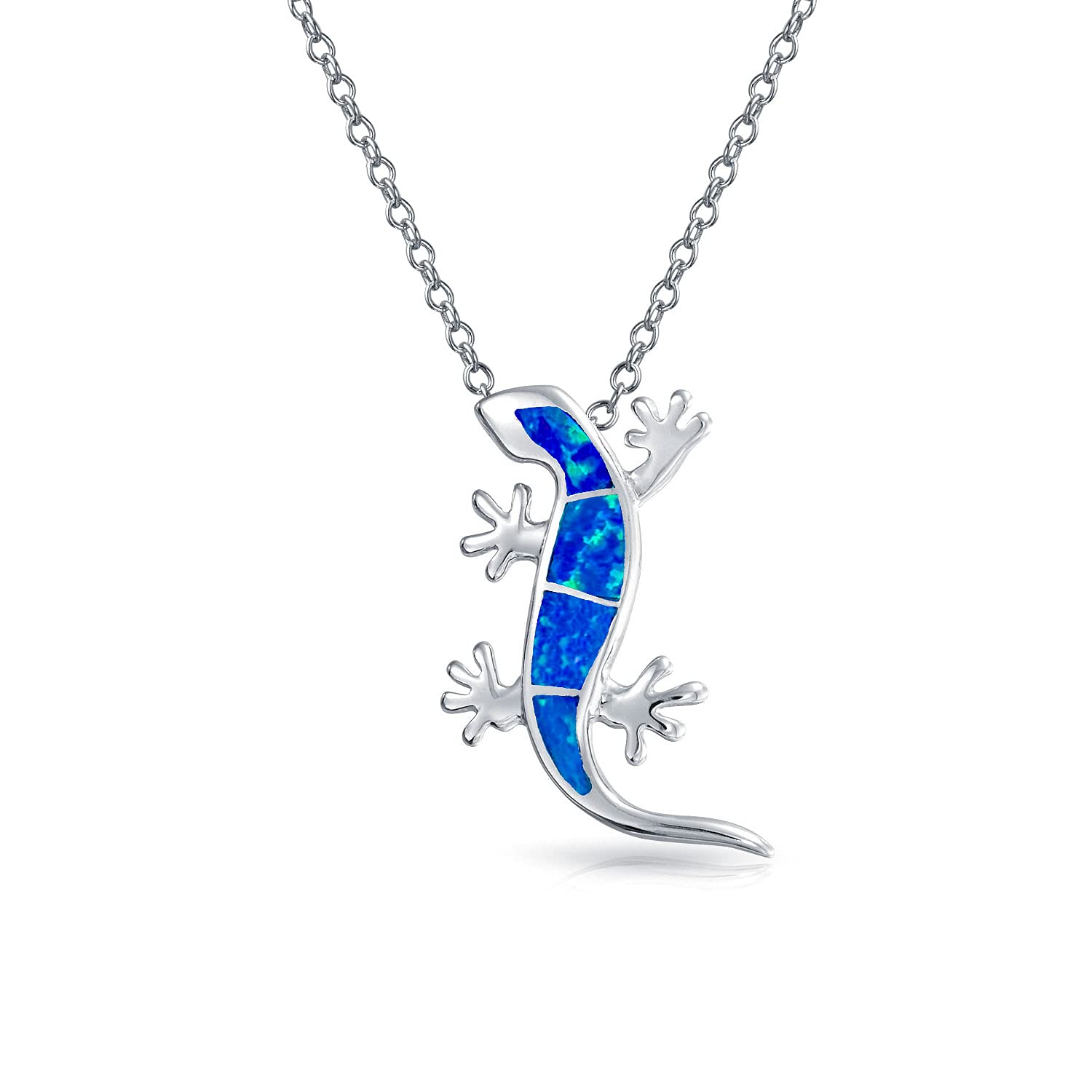Bling Jewelry Nautical Tropical Vacation Beach Blue Created Opal Gecko Lizard Pendant Necklace For Women Teen .925 Sterling Silver