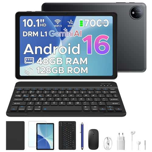 P10 Tablet 10 Inch Android, Android 16 Tablets with Gemini AI, 48GB RAM+128GB ROM, 7000mAh, Unisoc T310 Quad-Core, 90Hz, 8MP+5MP, WiFi 5, Dual Speakers, Face ID, Tablet with Keyboard, Pencil, Black