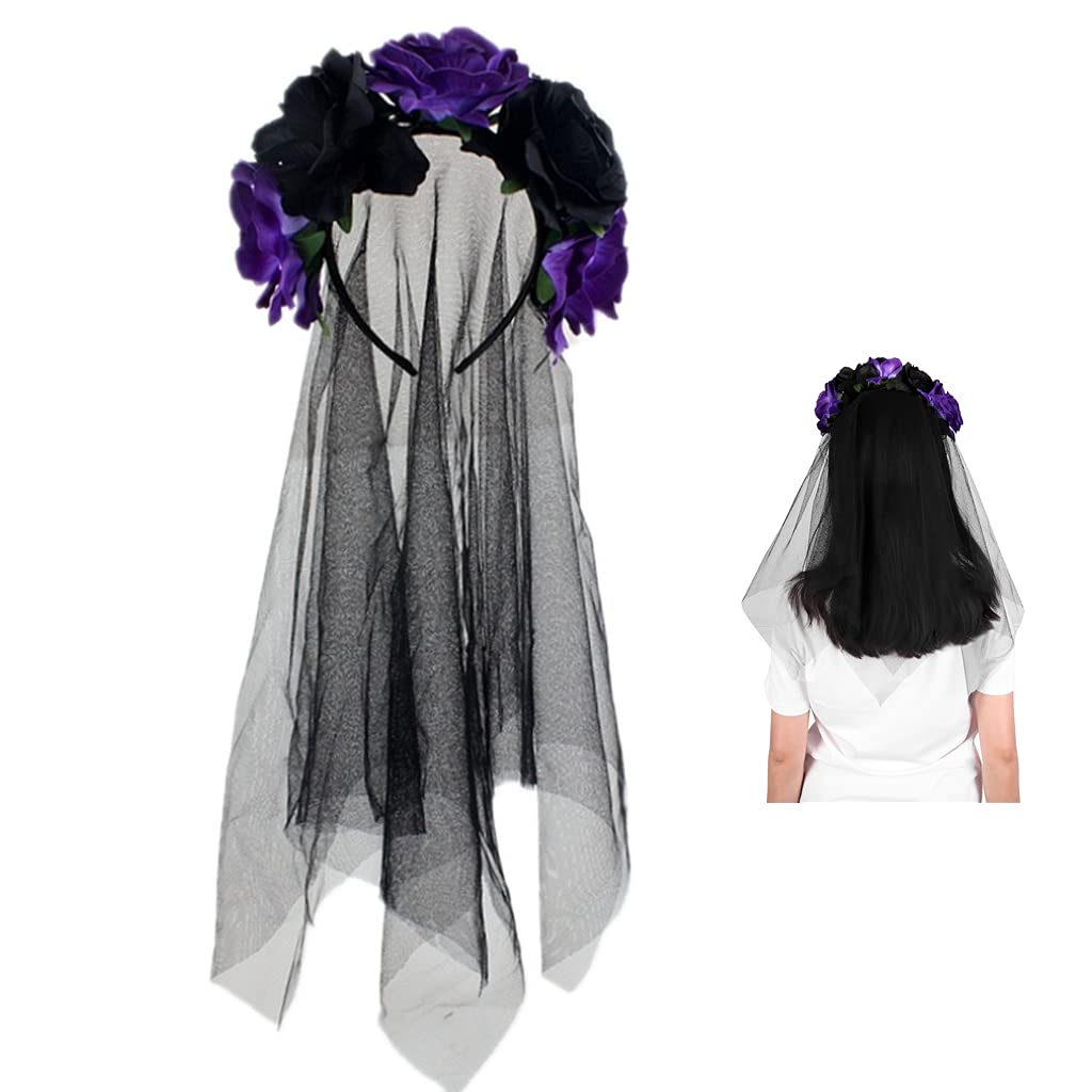 Rose Headband Ladies Girl Gothic Flower Garland with Black Veil Halloween Christmas Fancy Dress Costume Accessory for Wedding Bride Bridesmaid Birthday Party Photography Props,Black+Purple