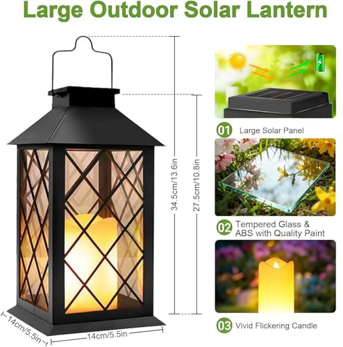 Yowin 2 x 35 cm Large Solar Garden Lantern with Candle, Tempered Glass, Waterproof Table Lamp Hanging Lamp, Solar Outdoor for Balcony Garden – Black