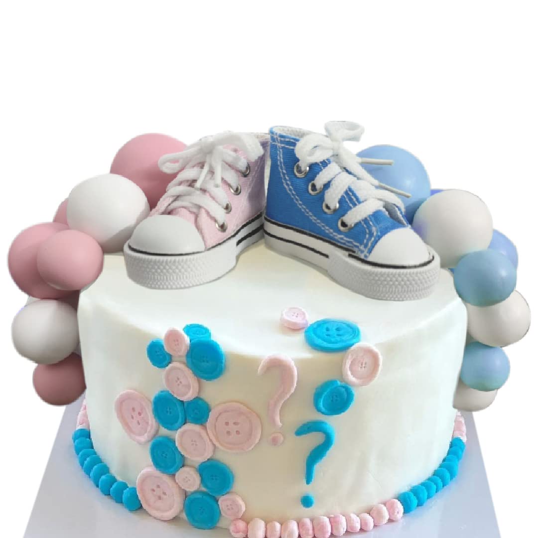 Photo 1 of 19PCS Blue or Pink Shoes Cake Toppers Boy or Girl Shoes Balls Cake Decorations with Cute Shoes Blue Pink White Balls for Baby Shower Party (Blue Pink)