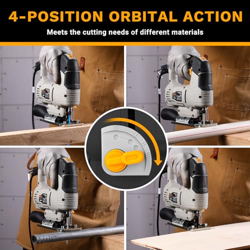 Electric Jigsaw: DEKOPRO 550W Wood Saw with 6 Variable Speeds from 800 to 3000 Cuts per Minute with LED Light, ±45° Inclined Cutting and 8 Blades for Wood, Metal and Plastic