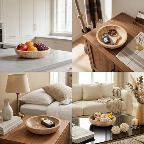 WORHE Marble Fruit Bowl Italy Natural Travertine Stone- Handcrafted Serving Dish 8.7" Decorative Kitchen Counter Accent, Elegant Dining Table Centerpiece, Banana Holder, Perfect Home Decor Gift