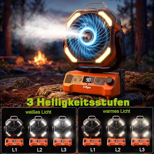lollyes 20000 mAh Camping Fan Battery with Light, 0-100 Levels Adjustable Outdoor Fan with Spray Function and Remote Control, Quiet Table Fan with Timer, 360° Hook for Tent Fishing