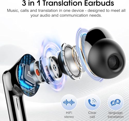 Ai Translation Earbuds Real Time,3-in-1 Buletooth 5.3 Translator Earbuds with 6 Translation Modes/164 Languages,No Subscription Required Translatior Headphones,40H Audifonos Traductores Inglés Español
