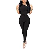 Ekaliy 2 Piece Outfits for Women Sexy One Shoulder Crop Top Bodycon Pants Set Clubwear
