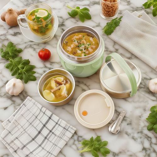 Thermal Food Container 1200 ml, Food Thermos Flask for Feeding Food, Insulated Bowl with Lid with Folding Spoon, Suitable for Storing Flour, Soup, Lunch, Cheese (Green)