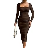LAGSHIAN Women's Cocktail Bodycon Long Sleeve Square Neck Mesh Ruched Club Party Midi Dress