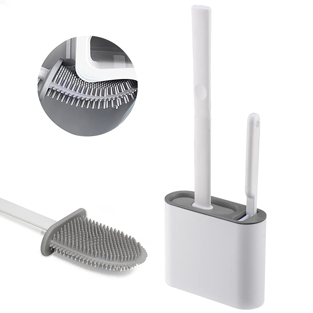 Big cat &kittens Silicone Toilet Brushs Bathroom Toilet Brushe and Holder Sets with No-Slip Long Plastic Handle and Soft Flexible Bristles, Toilet Brushes with Base for Anti-drip (Grey)