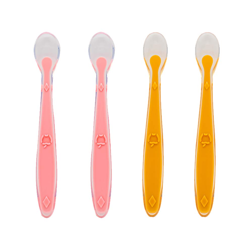 Callowesse Baby Long-Lasting Durable Silicone Spoons with Easy Grip, Soft Tips, BPA-Free, Dishwasher and Microwave Safe, Bright Colours to Make mealtimes More Fun 4 Pack – Pink & Orange