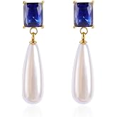 TaYolnFaSo Pearl Emerald Cut Birthstone Earring 18k Gold Plated Cubic Zirconia Earring Teardrop Pearl Jewelry Birthday Gifts for Women