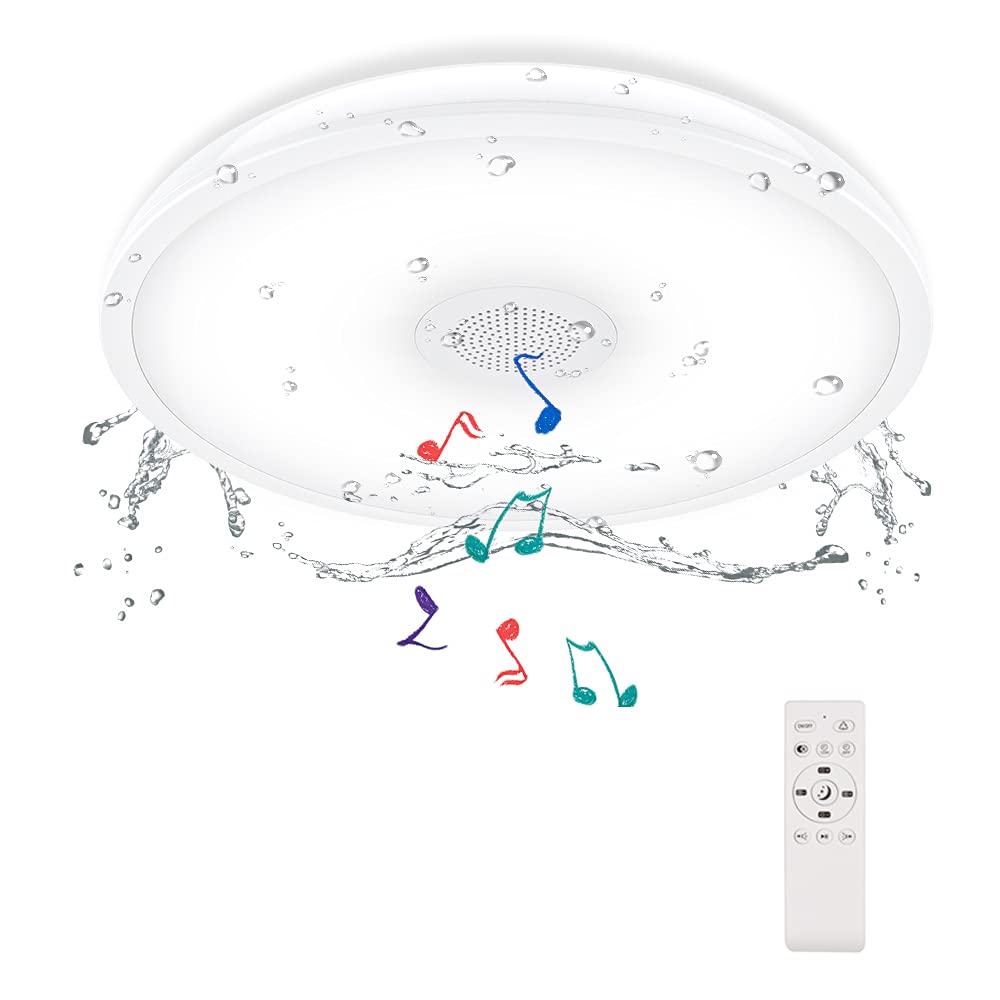 Horevo Bathroom Ceiling Light with Bluetooth Speaker and Remote Control Waterproof IP65, RGB Colour Change, 11 inch 18W Daylight Flush Mount Ceiling Lamp for Bathroom, Kitchen, Bedroom