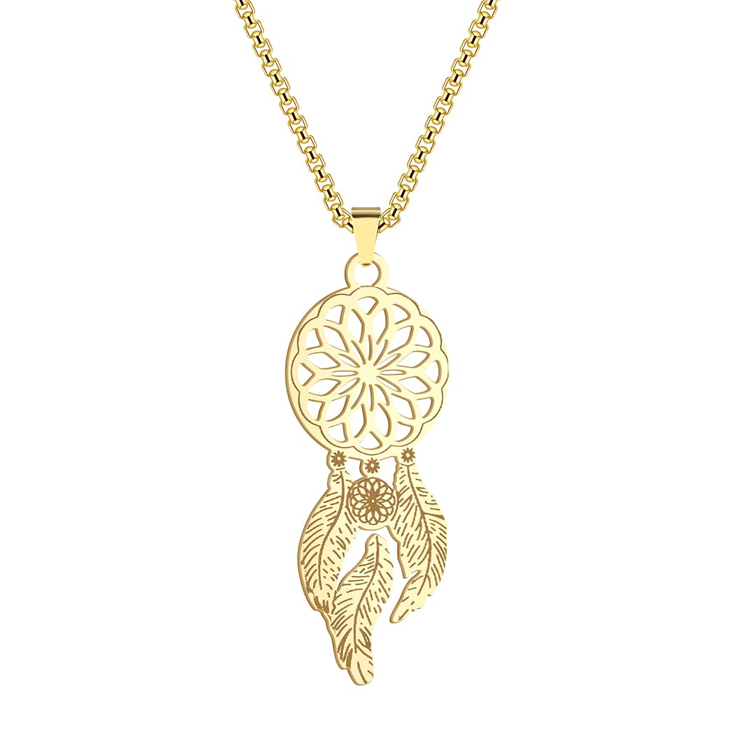 QIAMNI Dreamcatcher Necklace for Women and Girls，316L Stainless Steel Feather Pendant Spirit Jewelry，Lady's Guardian Gift (gold)