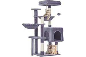 Taoqimiao Cat Tree, 39.4-Inch Cat Tower for Kittens, Cat Tree Tower with 5 Scratching Posts, Plush Cat Condo with Plush Perch, 2 Hammock, Pompoms, Smoky Gray MS019G