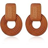 MIGUO STORE Natural Wood Round hollow Geometric Lightweight Drop Circle Earrings Bohemian Wooden rectangle Stud Retro Earrings for Women