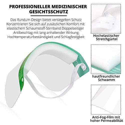 Lot de 10 Visières de Protection pour Le Visage et les Yeux,Couverture Complète en Plastique Anti-Buée Léger et Réglable pour éviter la salive, Les Gouttes Vert