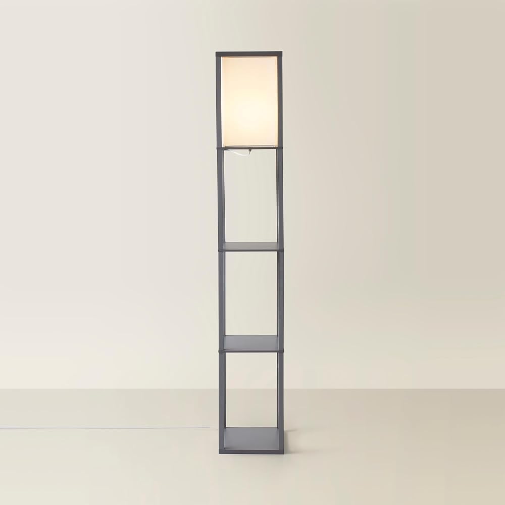 MiniSun Grey Wooden Floor Lamp with Storage Shelves 159cm 10W Bulb