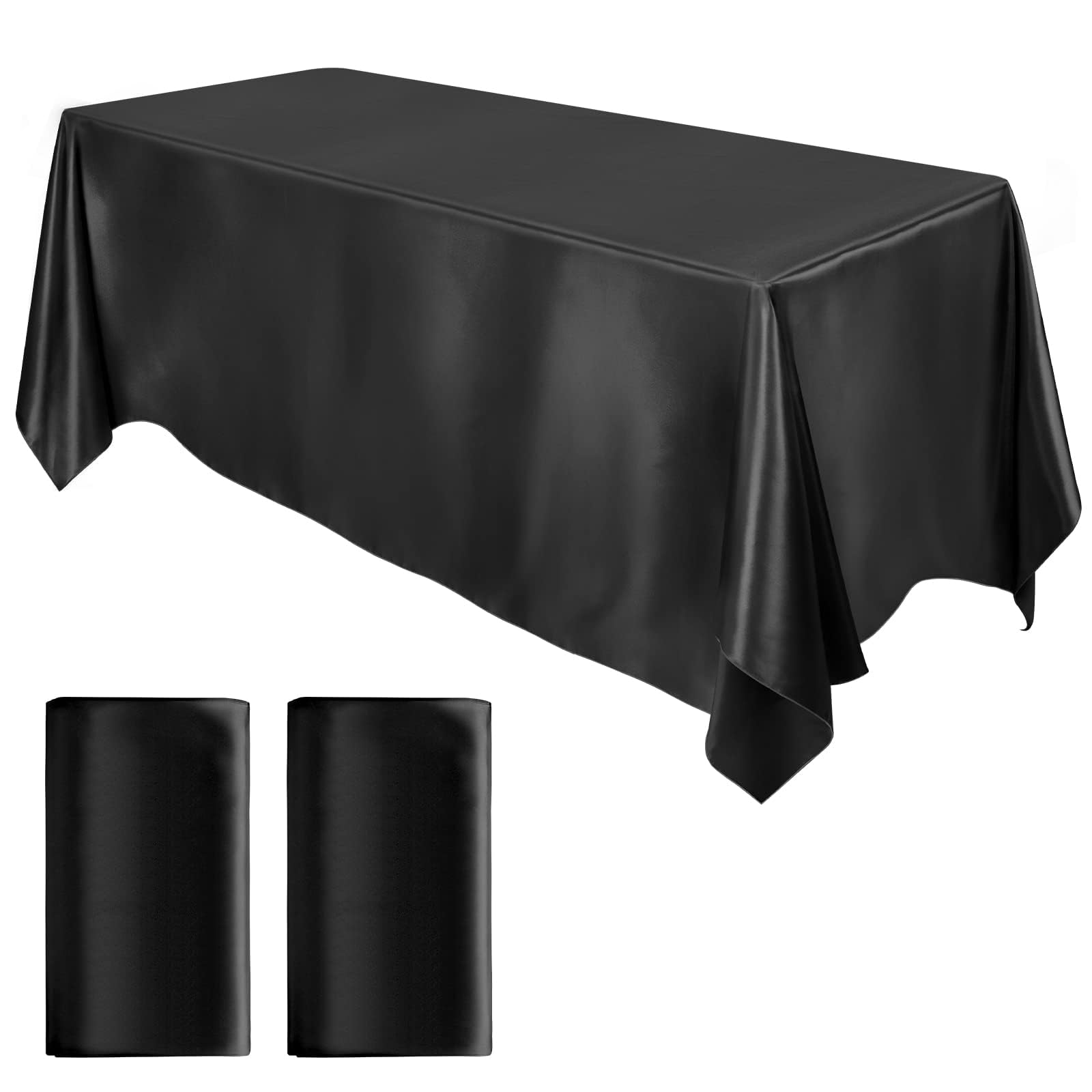 Photo 1 of MCEAST 2 Packs Satin Tablecloth 102 x 58 Inches Rectangular Table Overlay Cover Bright Silk Tablecloth Smooth Fabric Table Decor for Wedding Banquet Decoration (Black)