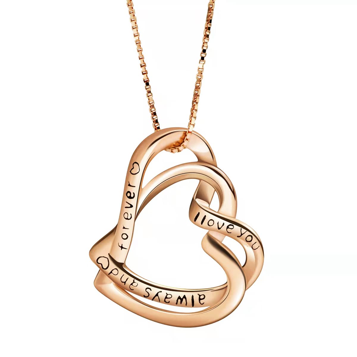 SWEETIME 925 Sterling Silver Double Heart Pendant Necklace for Women with I Love You Forever Engraved RoseGold Plated Gift for Her Valentine's Mother's Day Thanksgiving Christmas Birthday 45cm