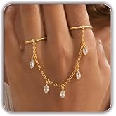 XSBODY Chain Ring for Women Dangle Statement Two Finger Ring Hand Jewelry for Wedding Prom Party Birthday Gift