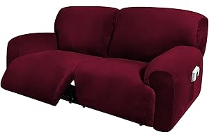ULTICOR Extra Wide 75" - 100", Reclining 2 Seater Sofa, Extra Wide Reclining Love Seat Slipcover, 6-Piece Velvet Stretch, Reclining Sofa Covers, Thick, Soft, Washable (Burgundy - Wine)