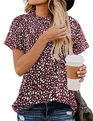 AMORETU WOMEN LEOPARD PRINT SHIRTS MOCK NECK SHORT SLEEVE BLOUSE WORK TOPS