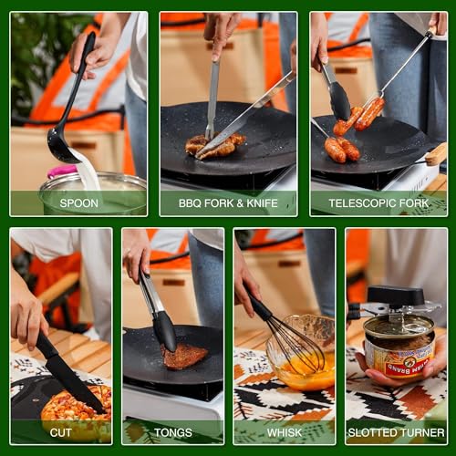 Camping Cooking Cookware Kitchen Set - Camp Accessories Cook Utensils Kit, Camping Essentials BBQ Silicone Mess Kit for Backpacking Gear, Camping Must Haves Equipment