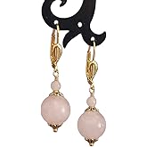 Pink Rose Quartz Earrings Round Dangles Jewelry for Women Gold Plated Lever Backs in Gift Box