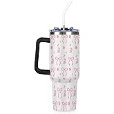 Cute Bow Tumbler with Handle, 40oz Winter Partner Water Bottle, Stainless Steel Insulated Tumblers Coffee Travel Cup with Slider Straw Lid, Present for Women Birthday