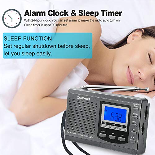 AM/FM/SW Radio, ZHIWHIS Portable Digital Alarm Clock Radio with Sleep Timer Function, Battery