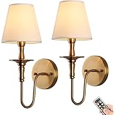 Antique Wall Sconces Battery Operated Set of 2,No Wiring Rechargeable Wall Lights with Remote , Brass Vintage Fabric Shade Wa