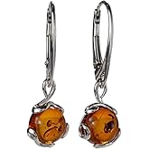 Amber Dangle Earrings for Women – Genuine Baltic Honey Amber Jewelry in 925 Sterling Silver, Round Leverback Earrings