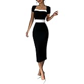 SOLY HUX Women's Color Block Square Neck Dress Elegant Bodycon Midi Business Casual Dresses