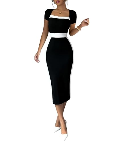 SOLY HUX Women's Midi Dress Color Block Square Neck Long Sleeve Bodycon Dresses Black and White X-Small : Clothing, Shoes & Jewelry