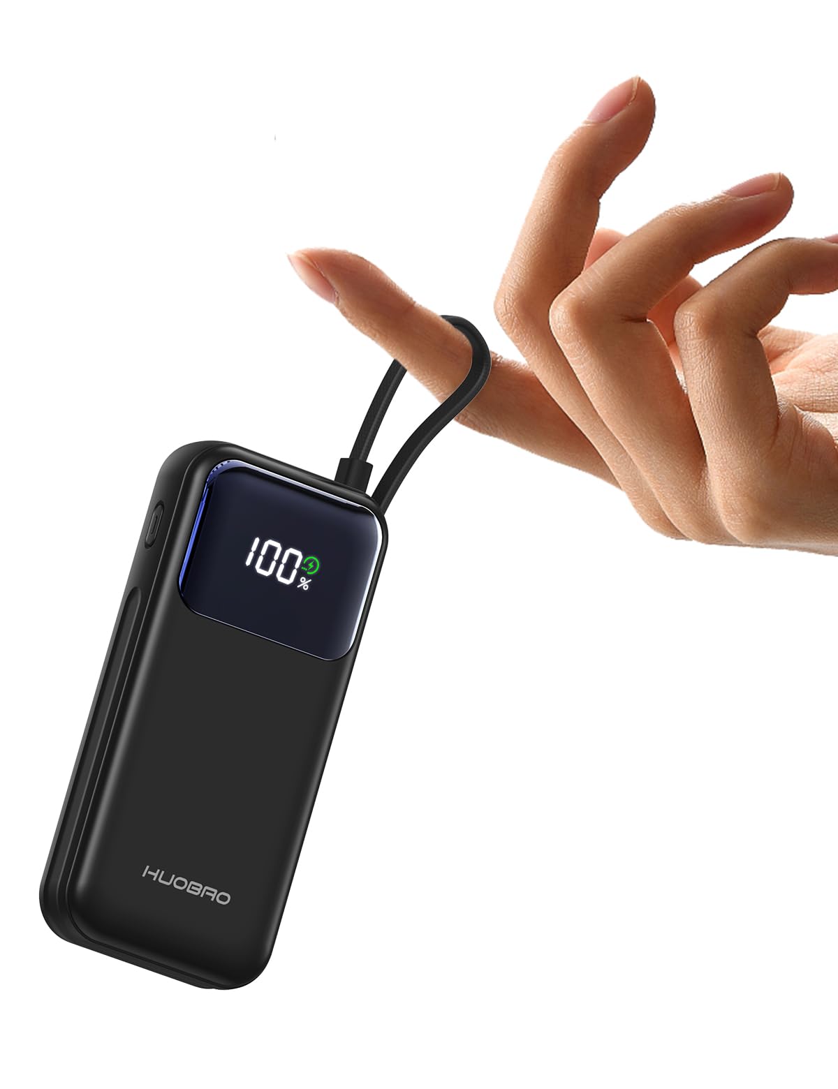 HUOBAO Power Bank 35W,10000mAh Powerbank eingebautem USB-C Kabel,Schnelles Laden mit 1 x USB-C, 1 x USB-A,Klein Externer Handyakku für iPhone 16/15/14/13/12/11/XS,Samsung/Android, iPad etc(Schwarz)