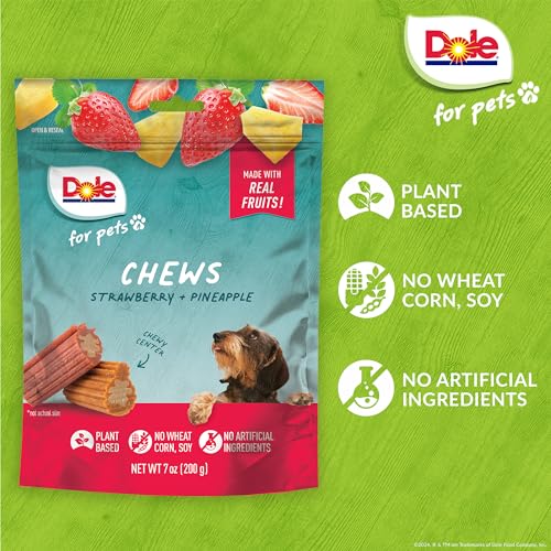 DOLE FOR PETS DOG CHEWS, ASSORTED STRAWBERRY + PINEAPPLE FRUIT-FLAVORED TREATS, REAL FRUIT FLAVOR, NO ARTIFICIAL COLORS FLAVORS OR PRESERVATIVES, NO WHEAT CORN SOY, 7.05 OZ BAG
